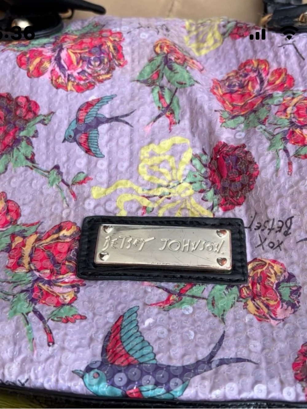 Betsey Johnson Vintage Elegant Flower & 
Hummingbird Lavender Sequin Bag